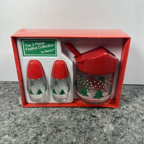 VTG Gemco 3 pc Festive Collection Salt & Pepper Shakers Sugar Pot Christmas NEW - Picture 1 of 8